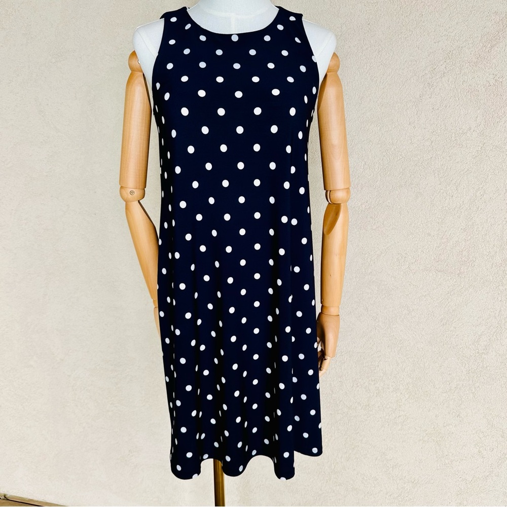 Lauren Raplh Lauren Navy Blue & White A Line Polka Dot Georgette Dress NWT